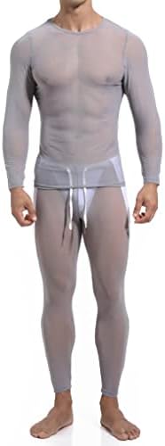 Hansber erkek See Through Uzun Kollu T-Shirt Tayt Seti 2 Parça tam örgü Kıyafetler Parti Clubwear Giyim