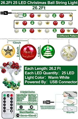 [Zamanlayıcı ve 8 mod ] Noel ağacı ışıkları içi boş büyük noel top süsleme dize ışıkları 26 Ft 25 LED peri ışık noel ışıkları