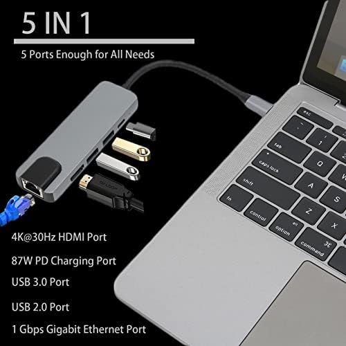 Ethernet ile USB Hub, 5 in 1 USB C Hub Multiport Adaptörü ile 4 K HDMI, RJ45 Ethernet, USB 3.0 ve USB 2.0, 100 W PD MacBook