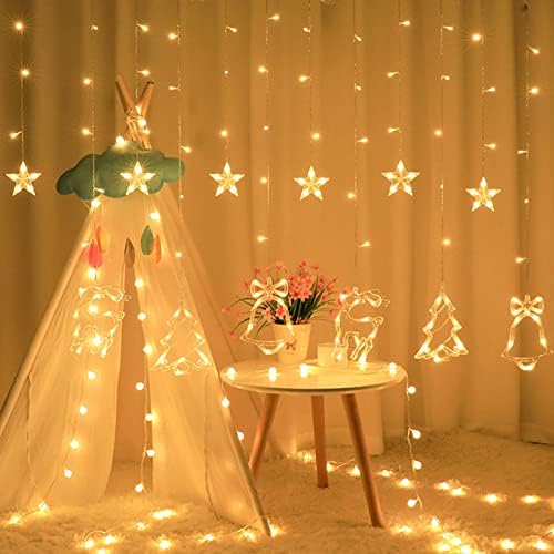 Noel perde dize ışıkları, Elk Santa ağacı çanları ve yıldız led ışık dekor, 8 aydınlatma modu ile, yatak odası pencere duvar