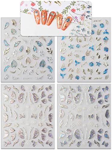 Spearlcable 20 Levhalar Nail Art Etiketler, 3D Kendinden Yapışkanlı Kelebek Çiçekler Kalp Elmas Denizyıldızı Desenler DIY