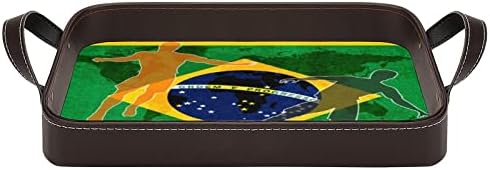 Brezilya Futbol Deri Dekoratif Tepsi Kişiselleştirilmiş Servis Tepsisi Depolama Organizatör Ev Otel için Kolları ile