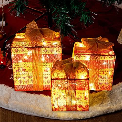 Prsıldan noel 3 Set ışıklı hediye kutuları süslemeleri, sıcak beyaz LED ışıkları süs için yaylar ile noel ağacı kapalı açık