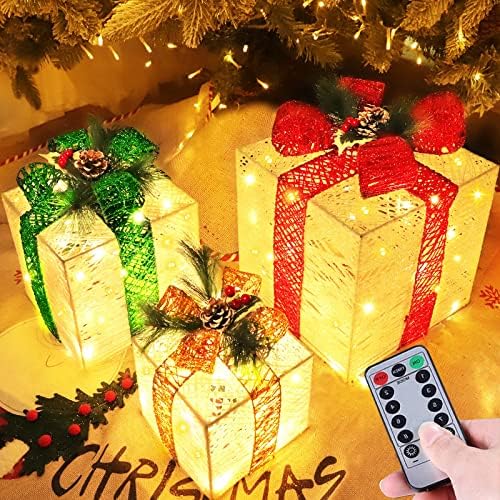 [Süper Büyük 12-10-8 ] 3 Paket 60 LED Noel ışıklı hediye kutuları süslemeleri 8 Modları Zamanlayıcı Uzaktan Pil Kumandalı