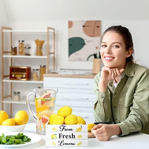 Marsui Limon Dekor Mini Ahşap Sandık Set Yaz Katmanlı Tepsi ile 8 Sahte Limonlar Çiftlik Limonata Mutfak Süslemeleri için