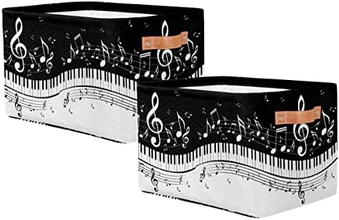 Siyah Beyaz Müzik Notası Saklama Sepetleri, Dayanıklı Deri Kulplu 2'li Saklama Kutuları Enstrüman Piyano Giyim, Battaniye,