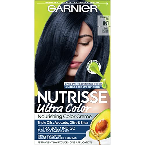 Garnier Saç Rengi Nutrisse Ultra Renkli Besleyici Krem, İN1 Koyu Yoğun İndigo (Midnight Iris) Mavi Kalıcı Saç Boyası, 1 Adet