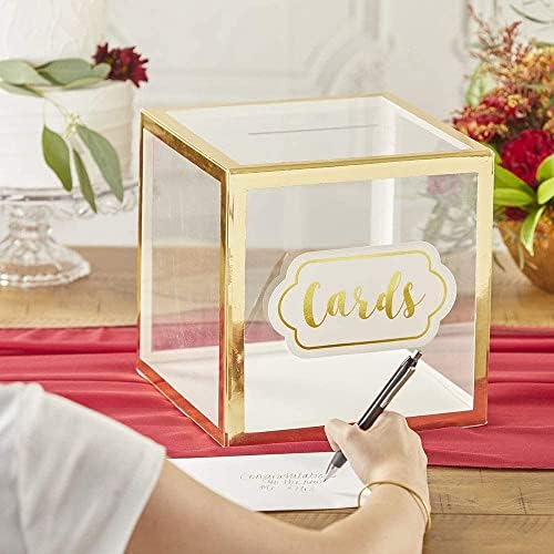 Kate Aspen Altın Çerçeve Katlanabilir Akrilik Hediye Kartı Kutusu, Düğün için Dekorasyon Kutusu, Gelin Duş Partisi (10x 10x