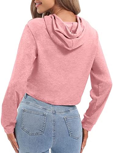 Kadın Kırpılmış Hoodie Ceket Zip Up İpli Uzun Kollu Cepler Egzersiz Kırpma Üstleri Sevimli Tişörtü Genç Kızlar için