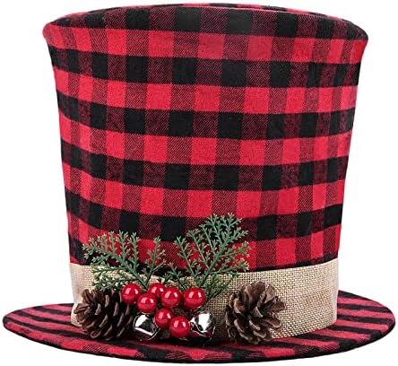codree Noel Ağacı Topper Silindir Şapka-Çam Kozalağı Berry Bell ile Kırmızı ve Siyah Buffalo Ekose Silindir Şapka-Noel Ağacı