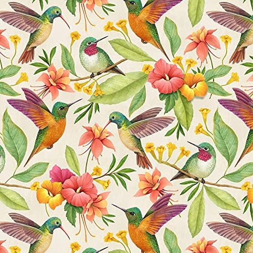 Pamuk Sinek Kuşları Kuşlar Hayvanlar Çiçekler Çiçek Bitkiler Yaprakları Fusias Krem Pamuklu Kumaş Baskı Yard tarafından (ROSİE-CD1915)